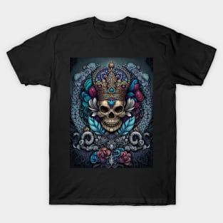 Regal Crowned Skull with Floral Majesty T-Shirt